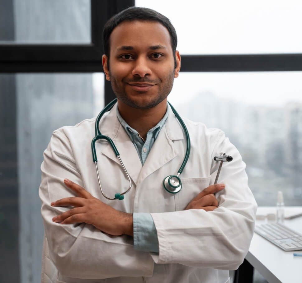 Doctor in a hospital consulting room, income protected while unable to work
